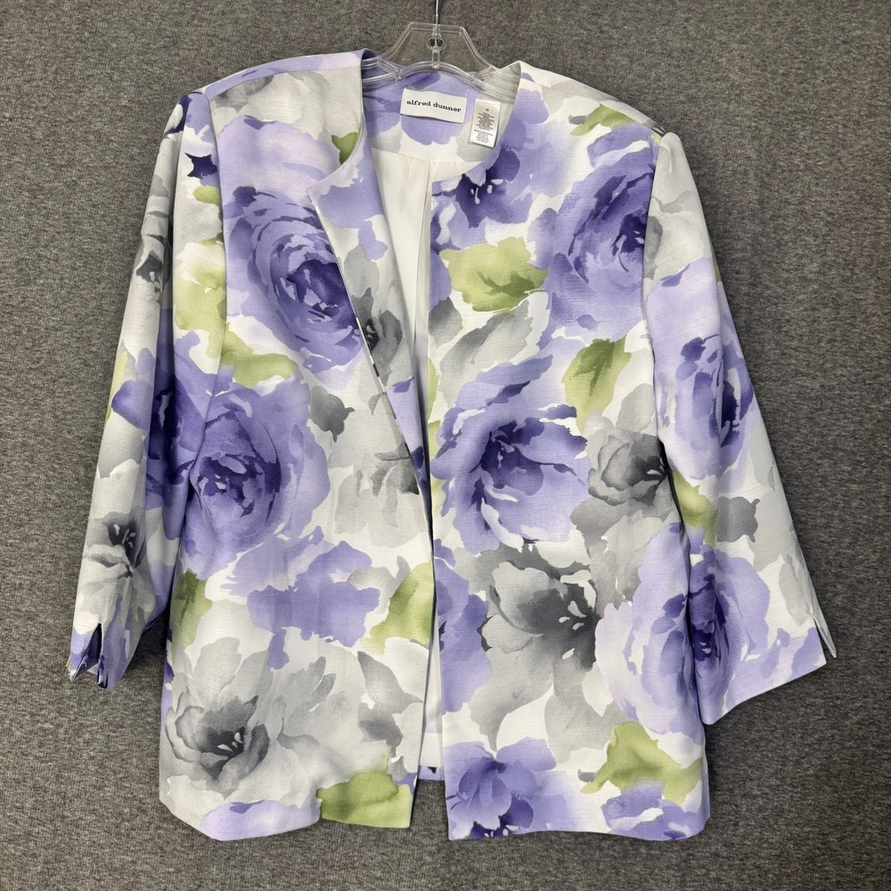 Alfred Dunner Floral Blazer Jacket Women's Size 16 Purple Gray Career Office